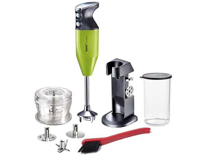 bamix Stabmixer Set M200 Chef's favorite inkl. Ständer, 1 Becher, 3 Aufsteckteile, Hacker, Reinigungsbürste, 200 Watt, Made in Switzerland, Lime/Chrom