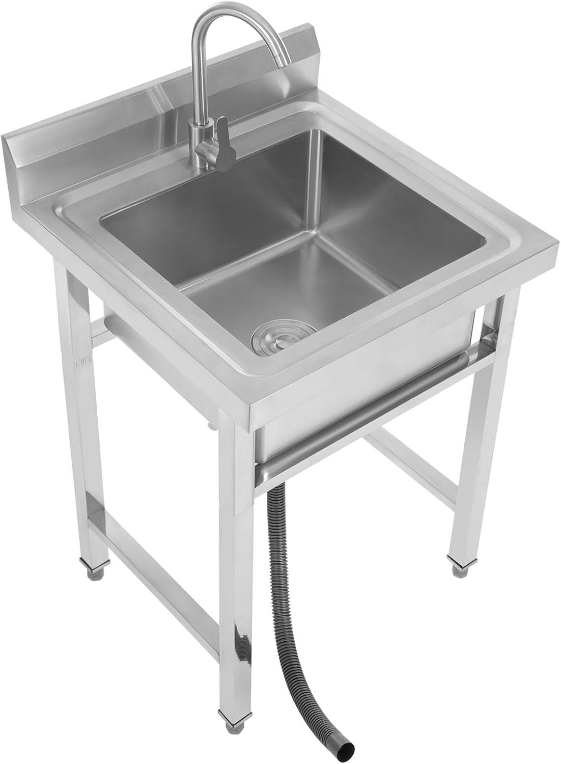Edelstahl Küchenspüle Einbauspüle mit Warm- und Kaltwasserhähnen, erhöhtem Sockel, geeignet für Garagen, Gärten und Küchen