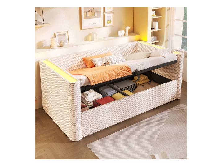 OKWISH Schlafsofa Polsterbett Funktionsbett, mit LED-Beleuchtung, hydraulischem Stauraum und Lattenrost, ohne Matratze