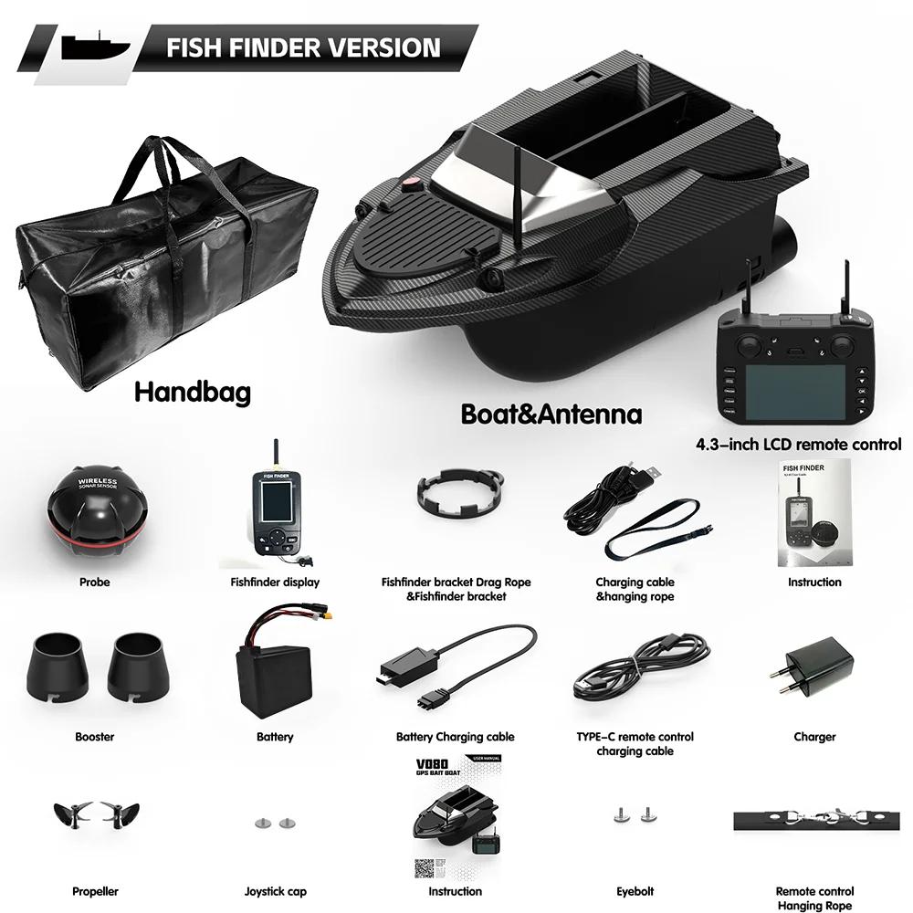 Köderboot - V080 GPS-Fischfinder - 10,9-cm-Bildschirm - 800 m Fernbedienungsreichweite - 3 kg Köderkapazität - 20.000-mAh-Akku - 2-4 Stunden Laufzeit
