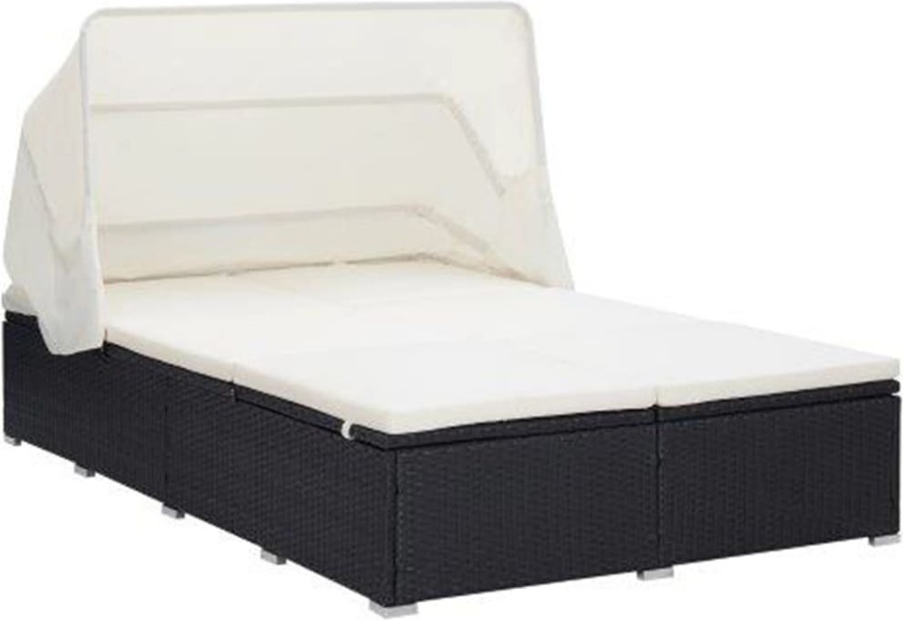2-Personen-Sonnenliege mit Auflage Poly Rattan Schwarz