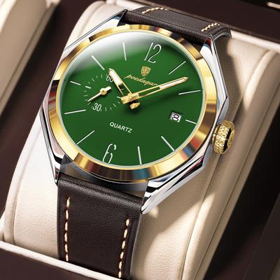 Modern Mode Marketplace Classic Leather Mens Quartz Watch Business Waterproof Sport Timepiece gold Green