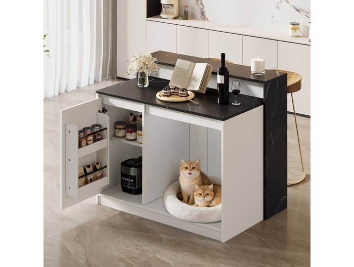 Ilot Central de Cuisine avec Table de Bar et Niche pour Animaux - Table Effet Marbre avec Rangement pour Studio - 120x80x100cm