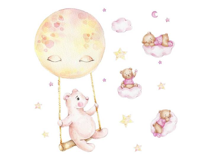 Wallfluent Wandaufkleber 80x113cm - Teddybären am Himmel, Mehrfarbig, Kunststoff, Rechteckig, 80x113x0.1 cm, Tapeten & Wandverkleidungen, Wandtattoos & Sticker, Wandtattoos