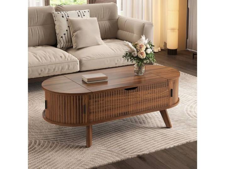 Table basse ovale relevable 110 cm décor noyer rangement caché et 2 portes coulissantes