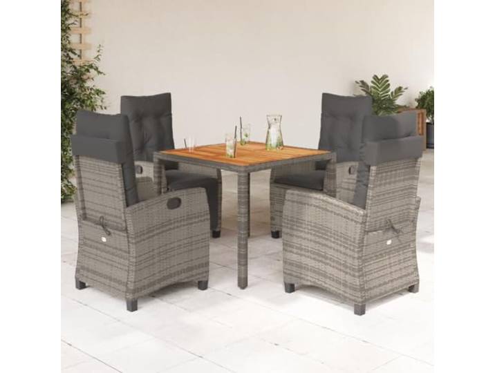 HEFZGDB 5-TLG. Garten-Essgruppe mit Kissen Grau Poly Rattan, Outdoor Esstischgruppe mit verstellbaren Sesseln und Akazienholz Tischplatte, pflegeleichtes PE-Rattan für Terrasse,