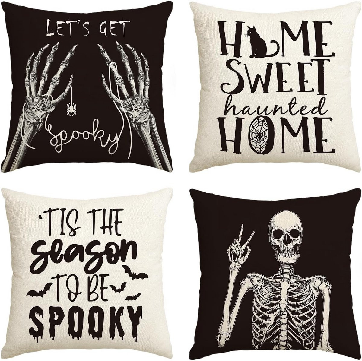 Set van 4 Halloween sierkussenslopen met spinnenweb en skeletten