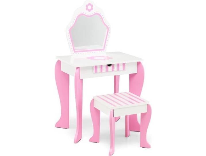 COSTWAY Coiffeuse pour Enfants avec Miroir et Tabouret en Bois - Style Princesse Cadeau pour Filles Rose