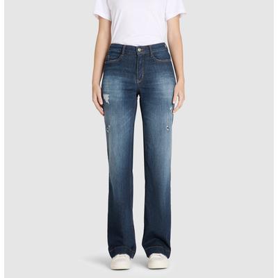 Weite Jeans MAC "WIDE", Damen, Gr. 42, Länge 32, blau (moonlight destroyed), Denim/Jeans, Obermaterial: 91% Baumwolle, 7% Elastomultiester, 2% Elasthan, Destroyed-Effekte, unifarben, weit knöchellang, Jeans, im Five-Pocket Style