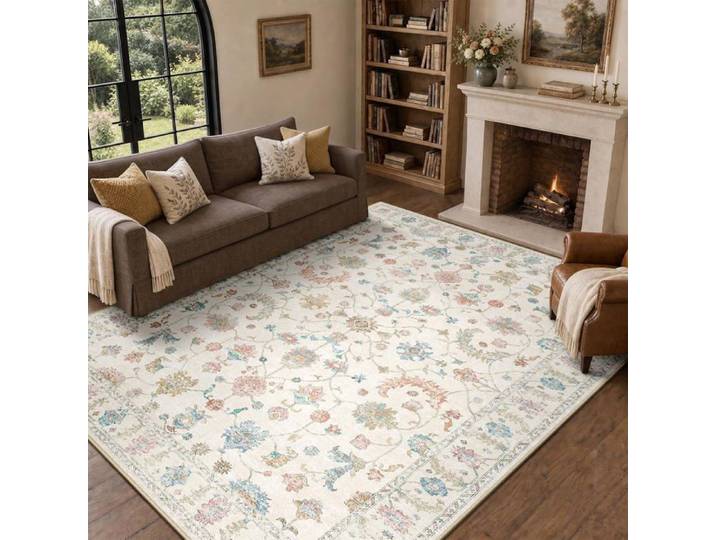 Tapis vintage 150 x 230 cm lavable en machine - bohémien antidérapant polyester blanc crème salon