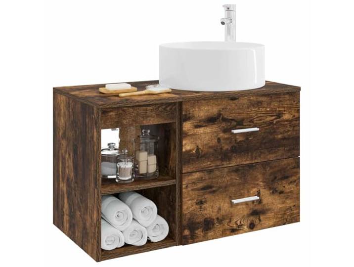 KTHLBRH Badezimmermöbel-Set 2-teilig Eiche Smoke Technisches Holz, Wandmontage, mit Waschbecken und Wasserhahn, 1 Einlegeboden, 1 Schublade