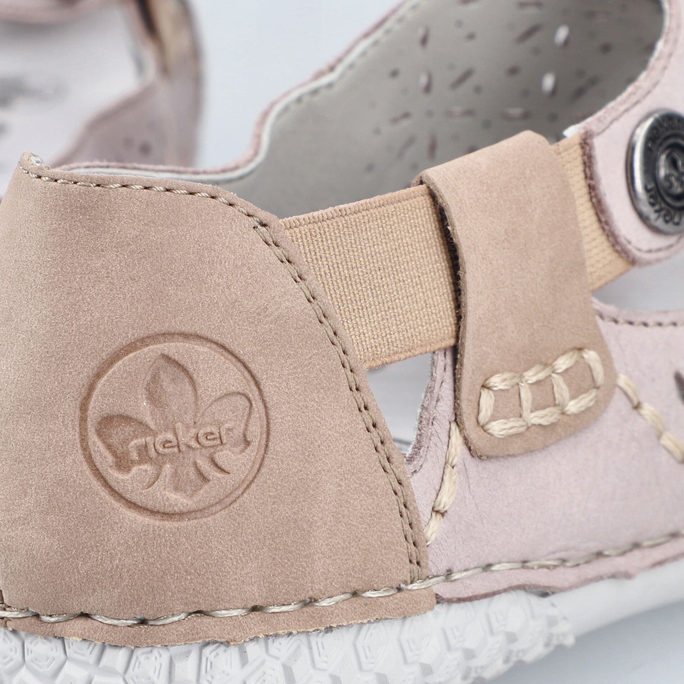 Riemchenballerina RIEKER, Damen, Gr. 38, Leder Synthetik, rosa (hellbeige), Glattleder, Nubuklederimitat, Schuhe Riemchenballerina, Schlupfschuh, Slipper mit modischer Perforation
