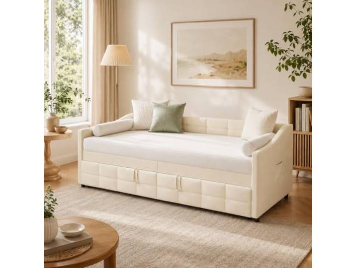 Quiaviank Schlafsofa 90x200cm mit Ausziehbarem Bett, Schlafcouch Ausziehbar Einzelbett mit Samtstoff, Tagesbett mit Lattenrost für Wohnzimmer, Schlafzimmer, Ohne Matratze, Beige