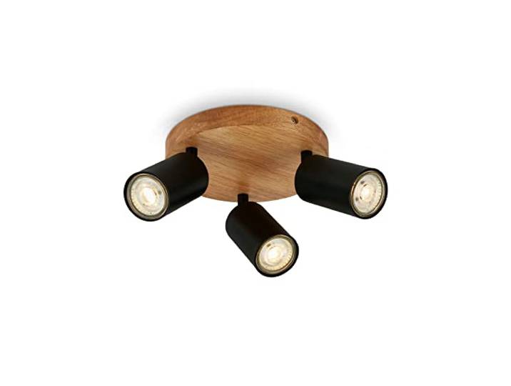 BRILONER - Plafonnier rétro avec bois\, 3 flammes vintage\, 3x GU10 douille\, spot LED orientable\, spot de plafond rustique\, noir-bois\, 190x85 mm