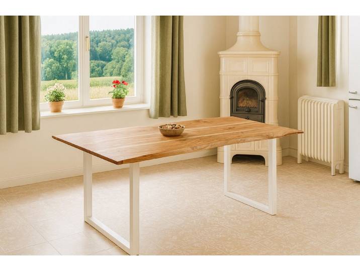 SAM® Baumkantentisch Memphis, massives Akazienholz, natürliche Baumkante, Metallgestell U-Form