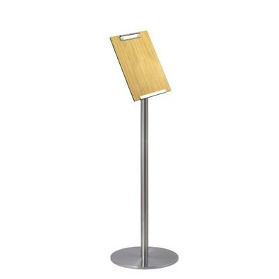 Menükarten-Infoständer »Q« Edelstahl mit Eiche-Klemmtafel DIN A4, silber