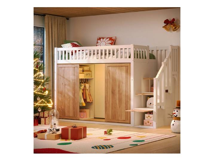 Flieks Hochbett Kinderbett 90x200cm mit LED-Beleuchtung Kleiderschrank Stauraumtreppe