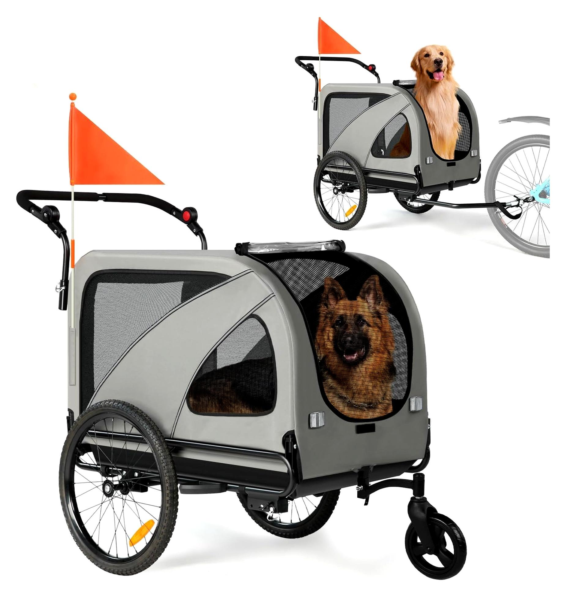 2-in-1 XXL Fahrradanhänger für Hunde, faltbarer Hundeanhänger mit Dachöffnung, Reflektoren und Reflexstreifen, universelle Fahrradkupplung, höhenverstellbarem Schiebegriff