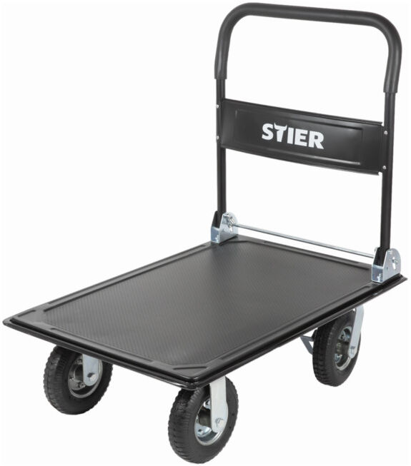 Chariot à plate-forme rabattable STIER, capacité de charge 350 kg, avec pneumatiques, 910 x 610 mm, acier, chariot transport , chariot de service (904287)