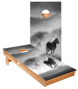 Skip's Garage Black And White Horses Cornhole Boards