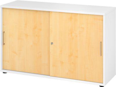 Schiebetürschrank Breno, abschließbar, Spanplatte, melaminharzbeschichtet, B 1200 x T 400 x H 748 mm, 2 Ordnerhöhen, weiß/Ahorn