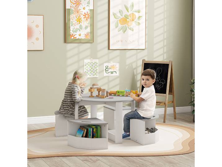 AIYAPLAY Ensemble Table Chaises Enfants 5pcs Rangement 78x78x49cm Gris