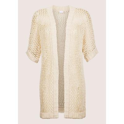 Strickjacke MADELEINE "Cardigan Halbarm Strickjacke mit Glanz", Damen, Gr. 34, weiß (perlweiß, goldfarben), Obermaterial: 40% Polyester PES. 35% Baumwolle CO. 25% Viskose CV., Modern, normal, Strickjacken Strickjacke