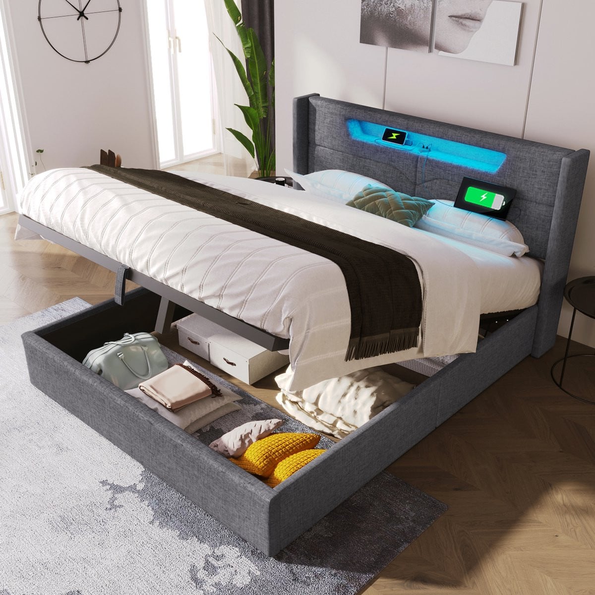 MODFU Bedframe 140x200 cm – Grijs linnen met LED-verlichting, USB-poorten en hydraulische opbergbox