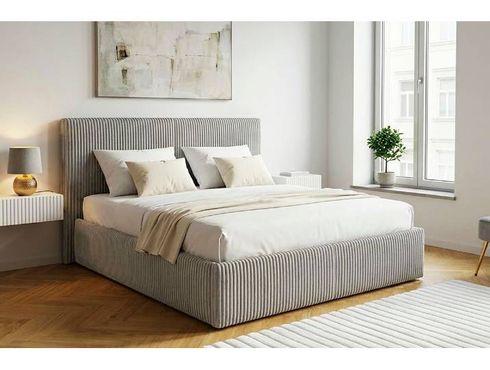 Polsterbett GOODPRODUCT AVVRA wahlweise mit Lattenrost und King-Matratze H3 (28cm) , hellgrau, B:201cm H:118cm L:220cm, Betten, Polsterbett, mit flauschigen Breitcord-Bezug, Liegefläche 180x200cm