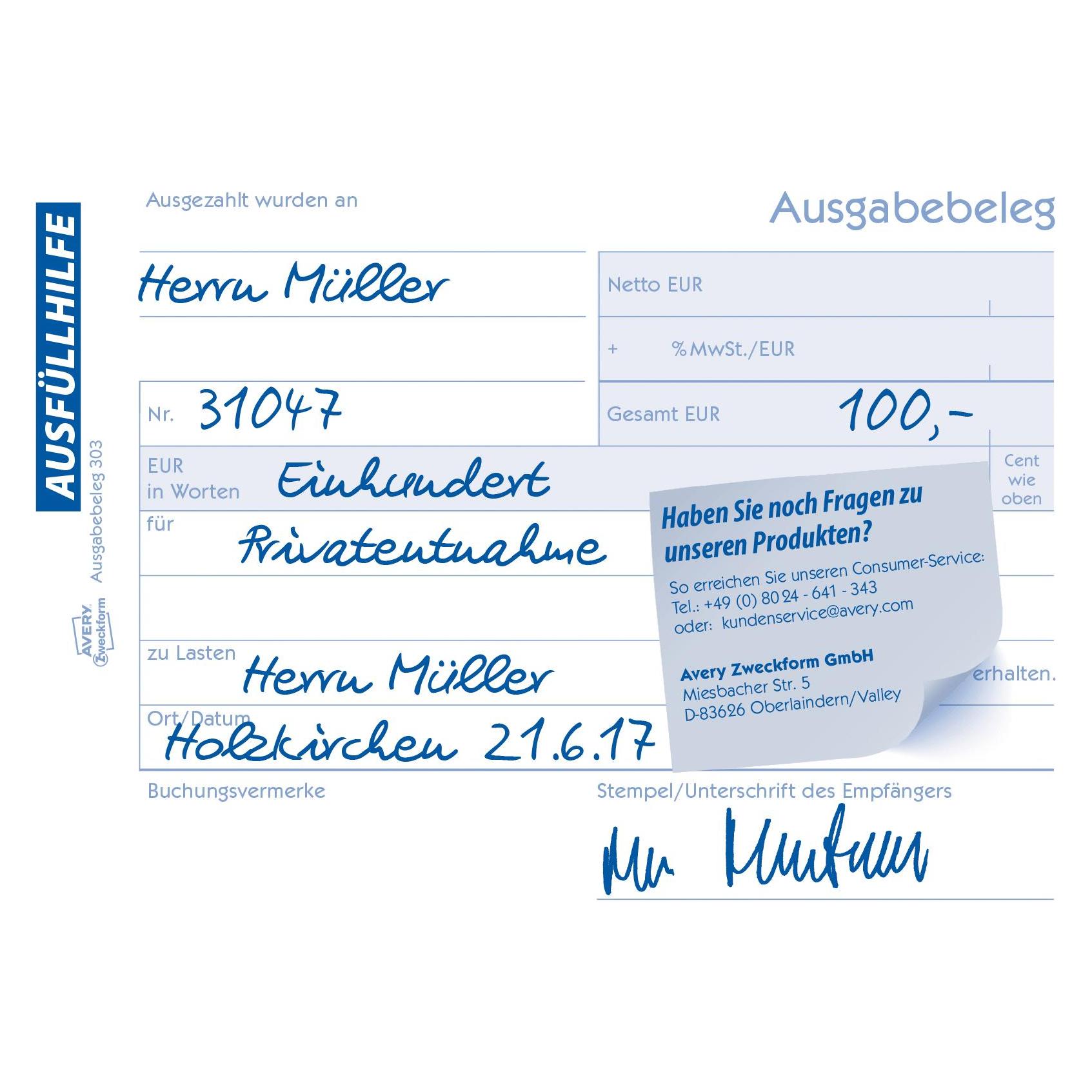 Avery Ausgabebeleg mit Dokumentendruck (50x) (21139027)