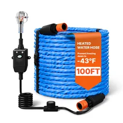 VEVOR Beheizter Wasserschlauch für Wohnmobile 30,48 m, Trinkwasserschlauch für Waschen, Duschen, mit Thermostat, –43 °C Frostsicher, FI-Schalter, Gewellter Oberfläche, 16 mm Innendurchmesser