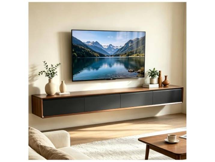 JUNFUNNLE TV Schrank 200cm, TV Lowboard Hängend mit 2 Schubladen 2 KlappenTüren, TV Board Hängend, TV Sideboard Wohnzimmer, TV Tisch für Wohnzimmer und Esszimmer