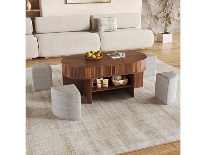 COVREO Table basse ovale avec rangement 4 tabourets en tissu portes coulissantes décor noyer
