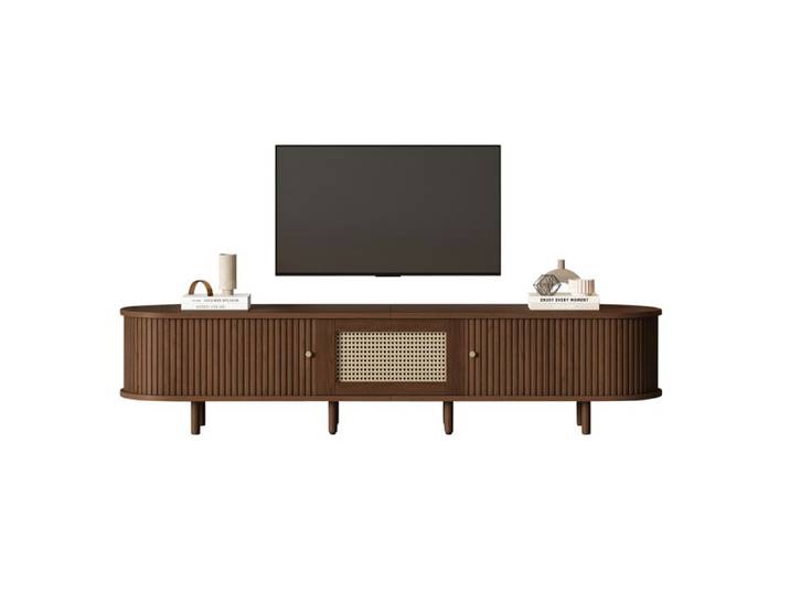 Meuble TV Noyer Foncé - Décor Rotin Central 2 Portes Coulissantes Design Ovale Moderne 180x40x40cm