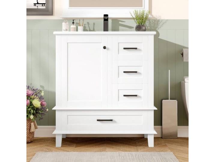 Meuble salle bain 76x46x83 5cm blanc laqué vasque céramique intégrée 3 tiroirs silencieux étagère porte meuble sous-vasque