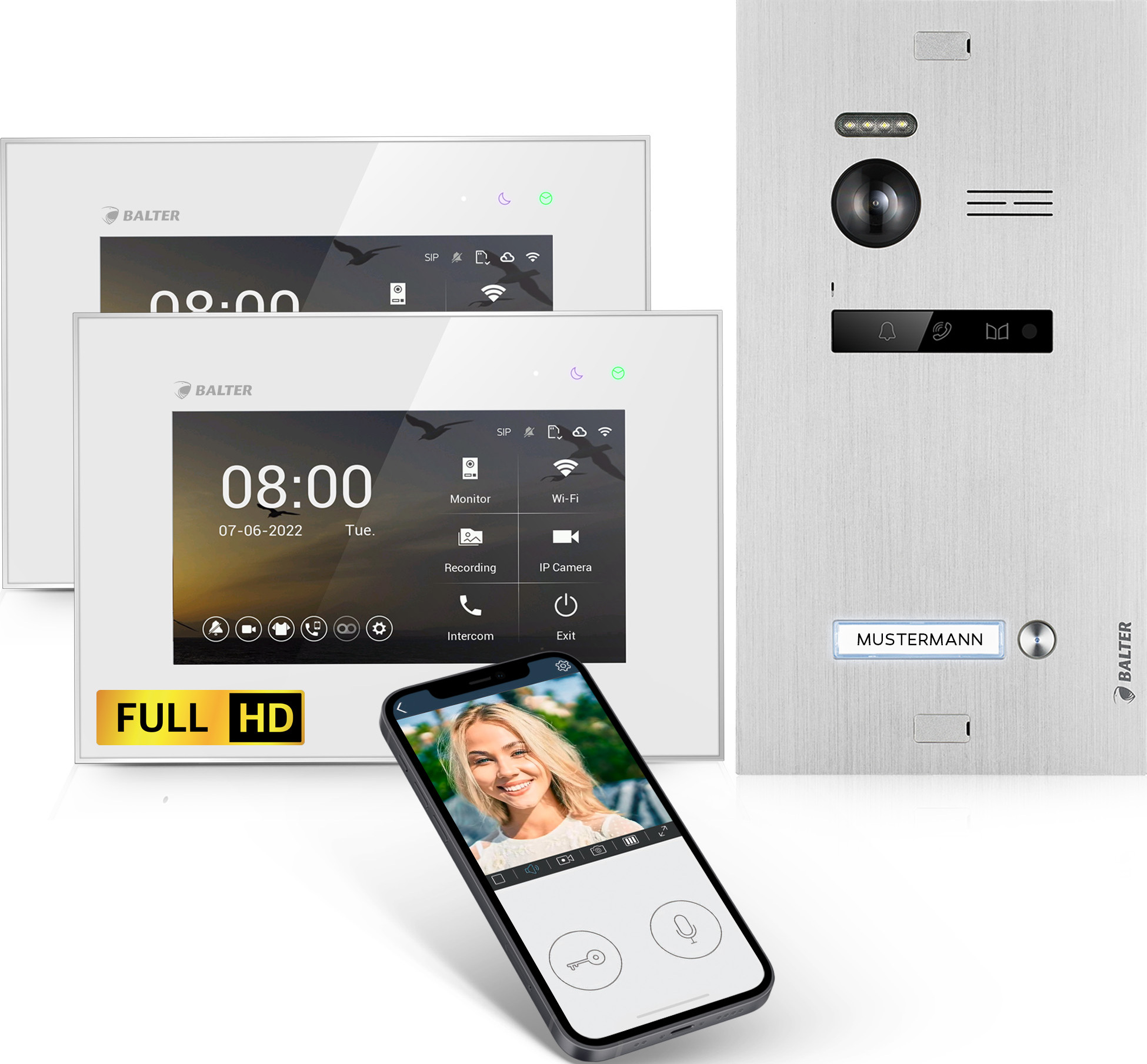 Balter EVO-HD Video Türsprechanlage, Video Türklingel, Smartphone App, 1 Familienhaus Klingel, 2X 7 Zoll HD Monitore, Full HD-Kamera, 2 Draht Bus, Gegensprechanlage mit 175° Weitwinkel, 1080p