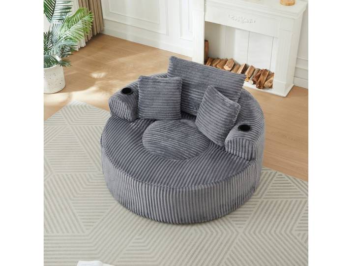 MEUBLIV Fauteuil lounge rond 1 place gris en velours côtelé 3 coussins 2 porte-gobelets et poches latérales