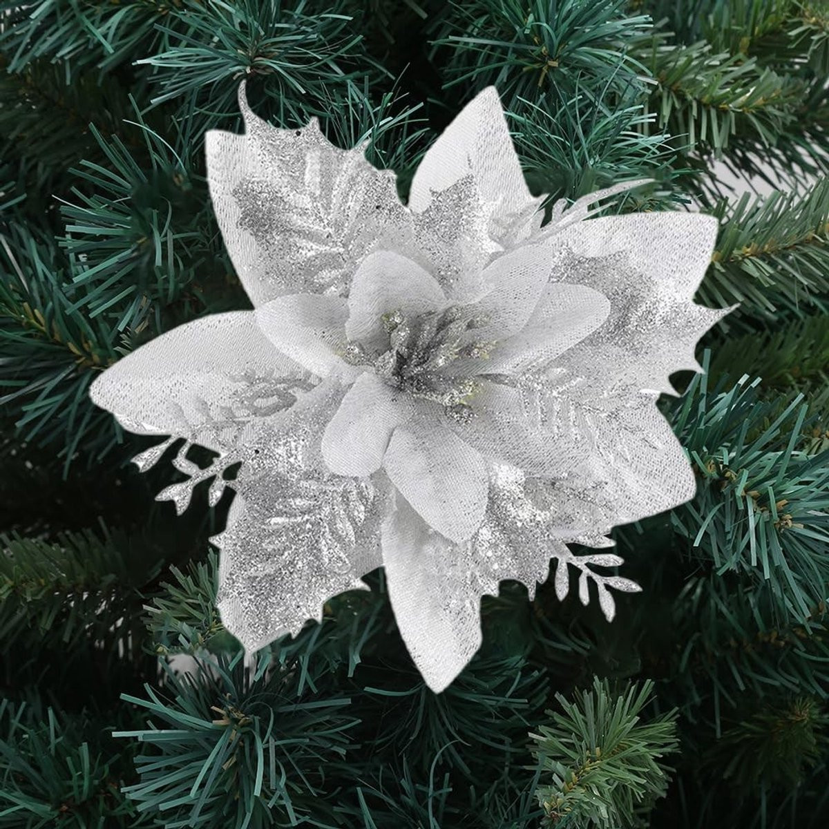 30 stuks Golden Crown Glitter Kunstkerststerren - Zilver - Decoratieve Kerstbloemen