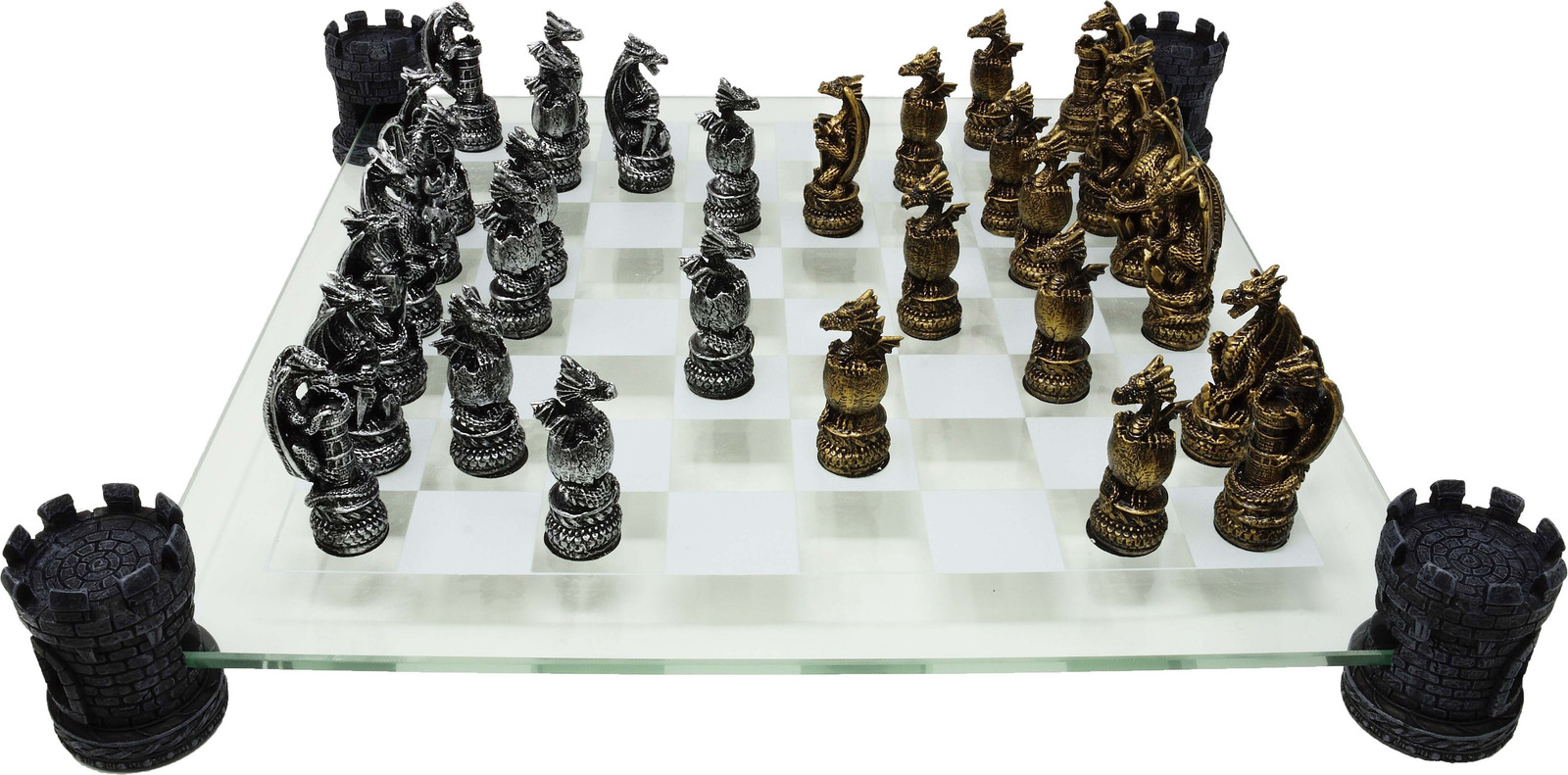 Mayer Chess Schaakspel met drakenmotief in goud/zilver en glazen speelbord