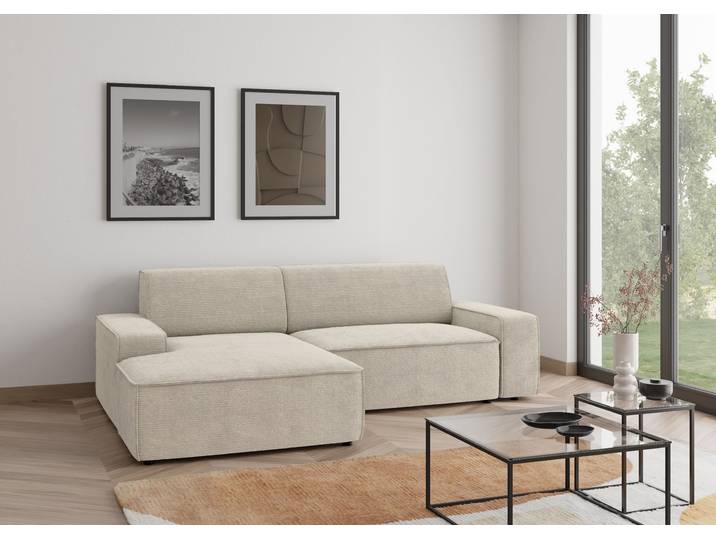 Ecksofa, Beige, 246x162 cm, Cordstoff, Mit Bettkasten & Sitzvorschub, Modern