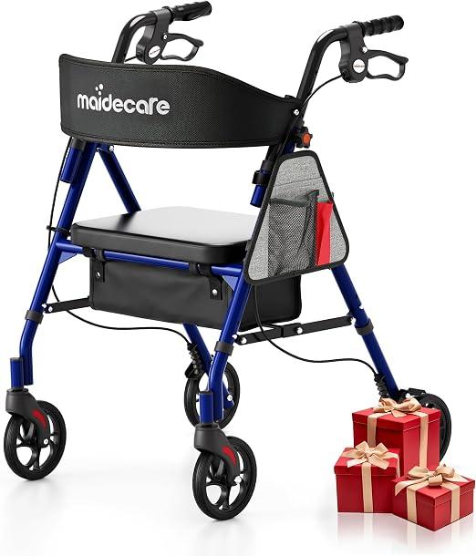 Rollator Faltbar und Leicht mit Sitz, Rollator Schmal für Wohnung, Rollatoren für Senioren mit höhenverstellbar Sitz und Griff, Indoor Walker, mit Bremse, Korb, Blau