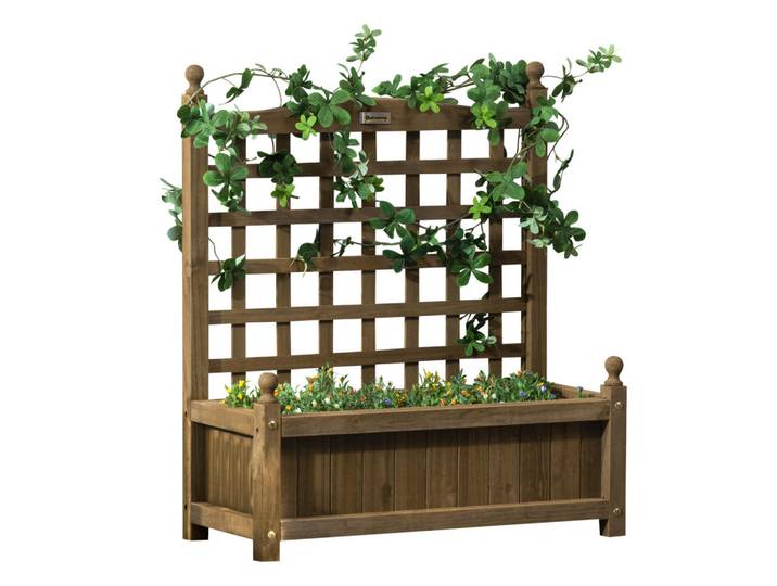 ComfortXL Hochbeet De-12162 mit Rankgitter 64/28/75 cm mit Bewässerung Natur, Braun, Holz, 64x75x28 cm, Gartenzubehör, Hochbeete