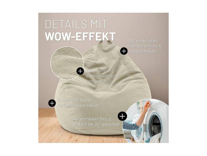 Sitzsack LUMALAND 250 l Comfort , beige, B:90cm H:50cm T:110cm, Polyester, Sitzsäcke, Sitzsack