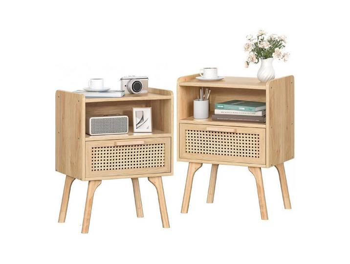 LuxusKollektion Nachttisch Nachttisch 2er Set Rattan Boho Schublade Regal Massivholz 2 Set Wood