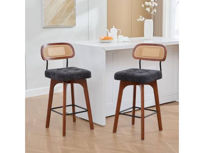 Bellemave Barhocker 2er Set 360° drehbar mit Rückenlehne gepolsterte schwarze Barhocker Küche, Barstuhl mit Rattan-Rückenlehne & Chenille-Sitz, Mid-Century Barhocker für Kücheninsel