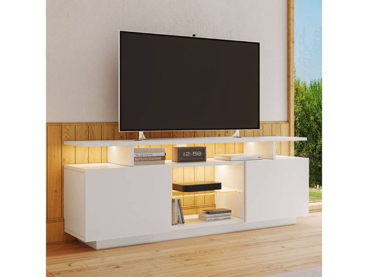 ELVORIN Meuble TV blanc 140 cm LED 16 couleurs pour TV 60 pouces