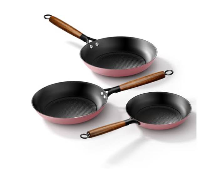 YUTANN Gusseisenpfanne, Antihaft-Bratpfanne, Frying Pan, Abnehmbarer Holzgriff, PFAS-Frei/PFOA-Frei, Beschichtete Pfanne Für Gasherd Induktion Oven (Rosa, 3pcs)