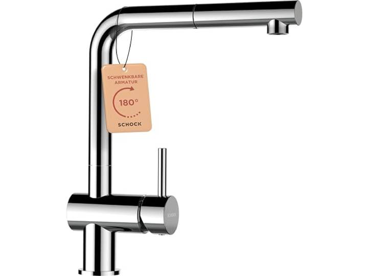SCHOCK® Küchenarmatur EPOS Chrom I Niederdruck Armatur mit ausziehbarer Schlauchbrause I 360° drehbar I Spültischarmatur für Küchenspüle I Edelstahl modernes Design I Einhebelmischer Edelstahl