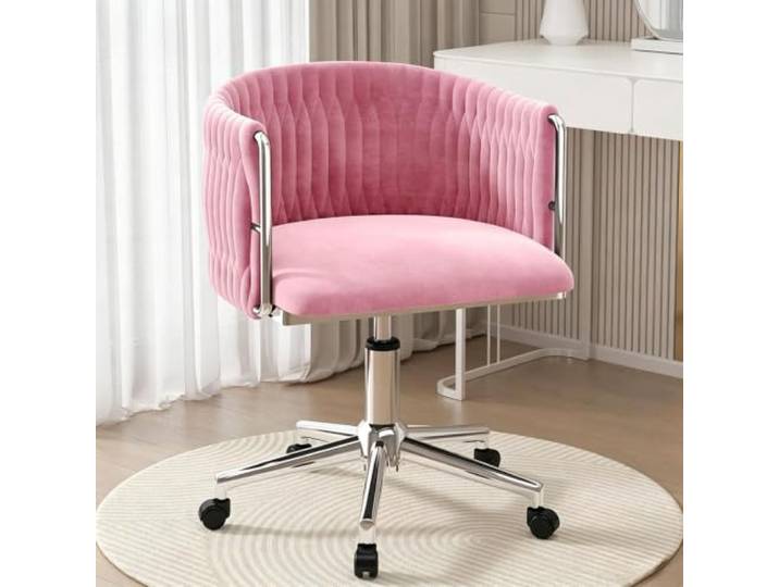 Verstellbarer Samt-Waschtischstuhl Mit Metallgestell, 360° Drehbar Ergonomischer Stuhl mit gebogener Rückenlehne, geeignet for Ankleiden, Büro und Maniküre(Silver Legs,Pink)
