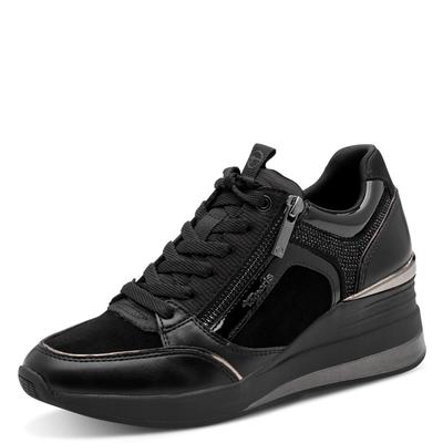 Keilsneaker TAMARIS, Damen, Gr. 37, Textil, schwarz, Leder, Lederimitat, Textil, glänzend, kontrastfarbene Details, Schuhe, Schnürer, Freizeitschuh, Halbschuh mit 6-cm-Keilabsatz